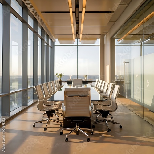 Modern, Minimalist Conference Room with Large Windows, Sleek Furniture, and Neutral Tones, Without Any People Present