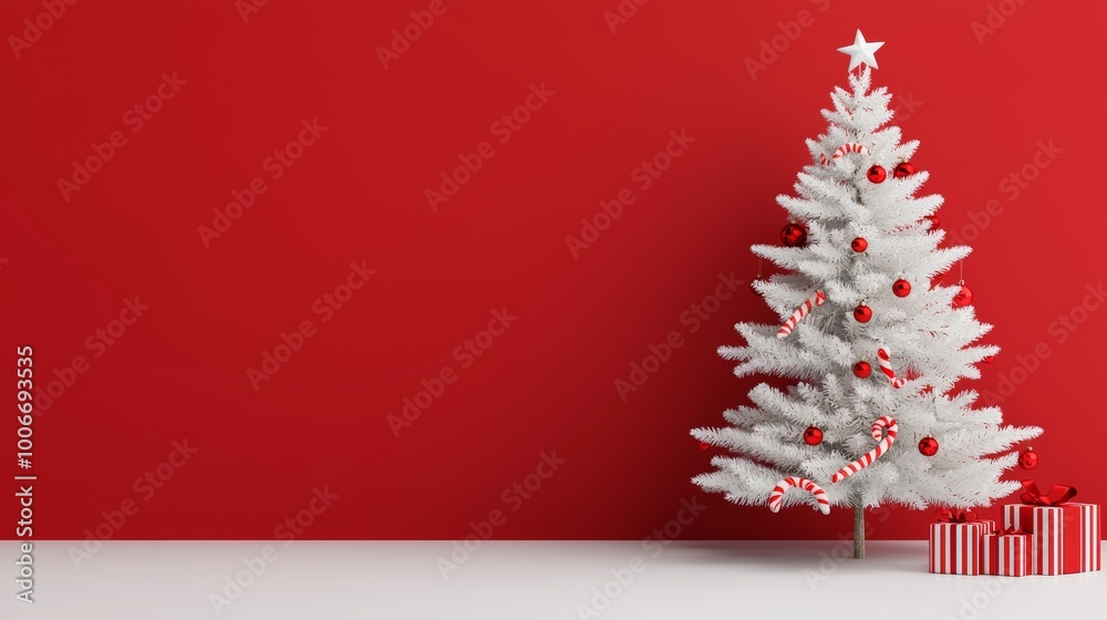 Bright White Christmas Tree with Red Background Bright White Christmas Tree with Red Background