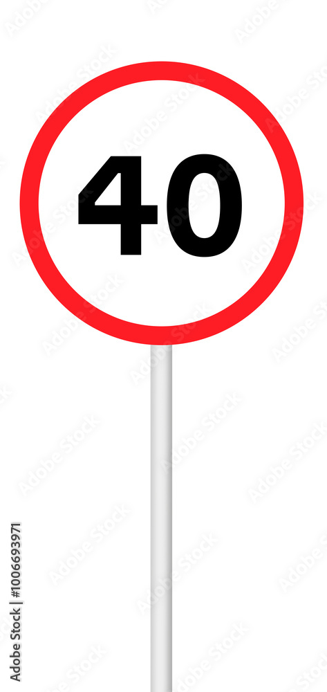 Speed limit sign 40 on a blank background with a white pole. Suitable for traffic regulation, road safety, or signage projects. Speed limit sign 40 on a blank background with a white pole. Suitable for traffic regulation, road safety, or signage projects.