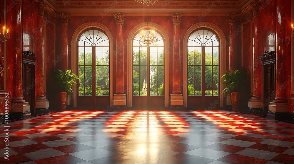 Grand Hall Interior with Sunlight Streaming Through Arched Windows Grand Hall Interior with Sunlight Streaming Through Arched Windows