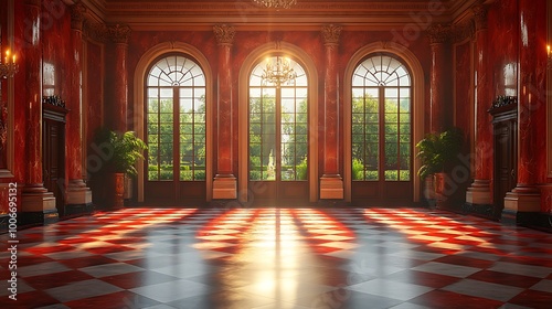 Grand Hall Interior with Sunlight Streaming Through Arched Windows