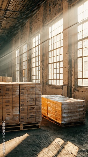 Sunlight filters through large windows, illuminating stacked pallets in a rustic warehouse, creating a warm, inviting atmosphere.