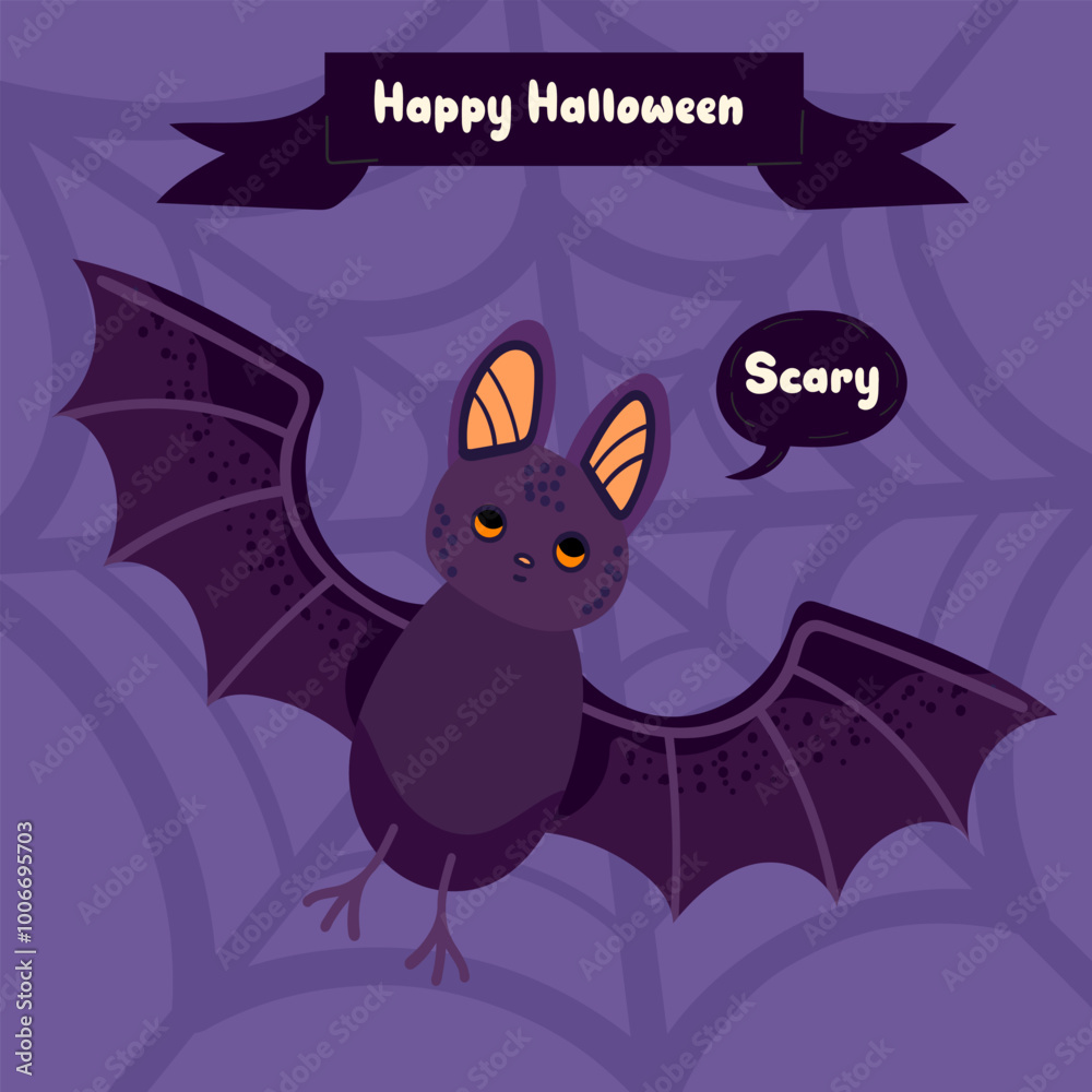 Purple Halloween poster.Ghost. Trendy flat style and funny characters. Cute vector poster for postcard, flyer, banner Purple Halloween poster.Ghost. Trendy flat style and funny characters. Cute vector poster for postcard, flyer, banner