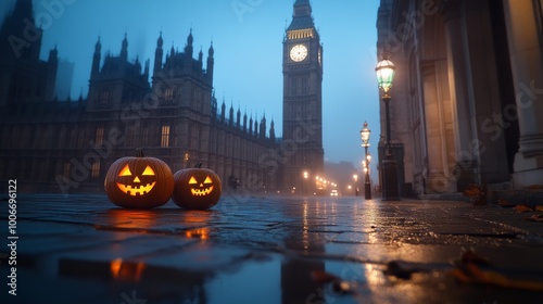 Carved pumpkins line a foggy cobblestone street in London as the evening light casts an eerie glow on Big Ben and Victorian lamps, creating a festive Halloween atmosphere