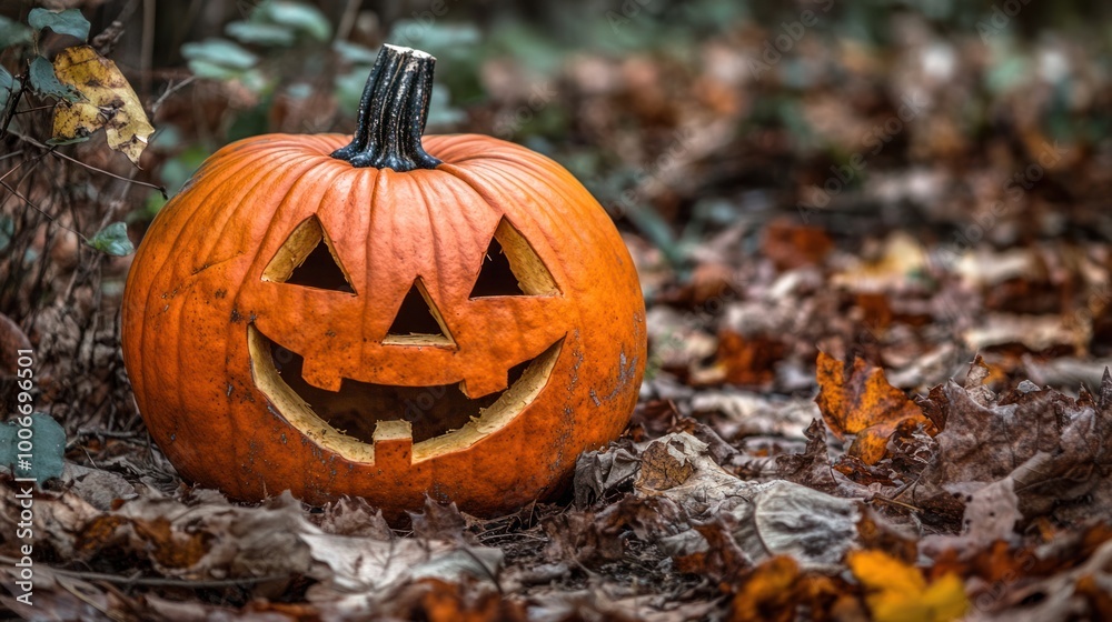 Classic Jack-o'-Lantern in an Autumn Forest Surrounded by Fallen Leaves for a Festive Halloween Classic Jack-o'-Lantern in an Autumn Forest Surrounded by Fallen Leaves for a Festive Halloween