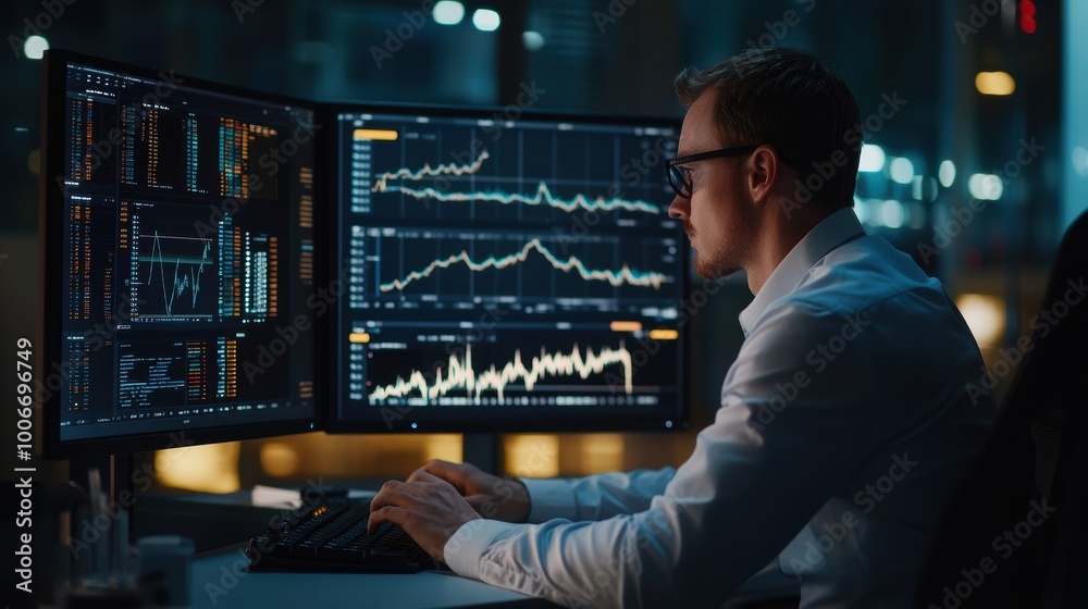 Stock market broker is working late analyzing charts and data on his computer Stock market broker is working late analyzing charts and data on his computer