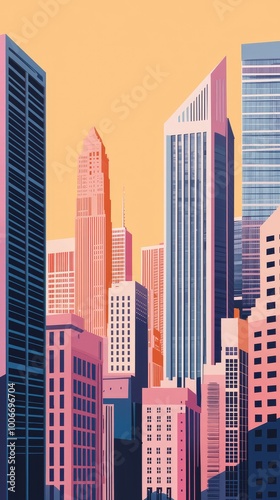Vibrant cityscape featuring modern skyscrapers with a stunning pastel sunset backdrop, perfect for urban and architectural themes.