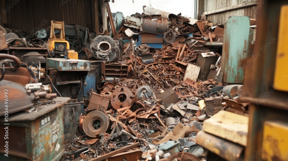 Realistic view of recycled metal scraps, sorted and ready for repurposing in a detailed, clean setting. Realistic view of recycled metal scraps, sorted and ready for repurposing in a detailed, clean setting.
