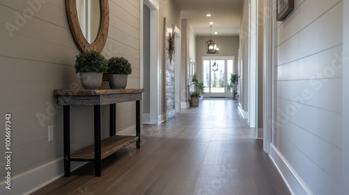 A modern farmhouse entryway showcases gray luxury vinyl plank flooring and soft gray walls, featuring a rustic wooden console table and a large round mirror against an inviting backdrop