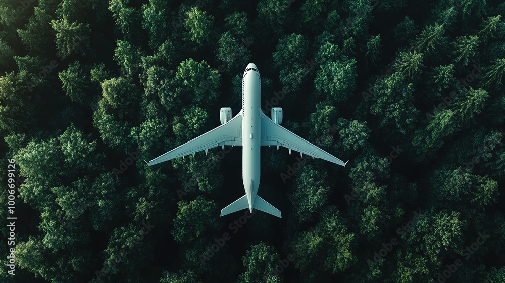 passenger plane flies over forest with green trees, top view