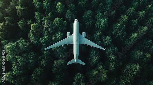Obraz na płótnie passenger plane flies over forest with green trees, top view w salonie