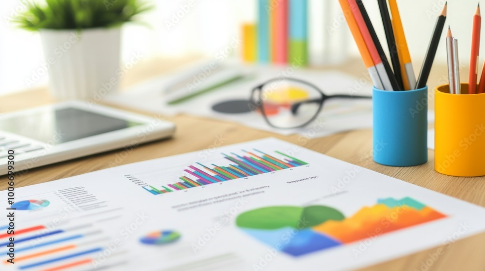 Colorful Desk Setup with Charts and Office Supplies Colorful Desk Setup with Charts and Office Supplies