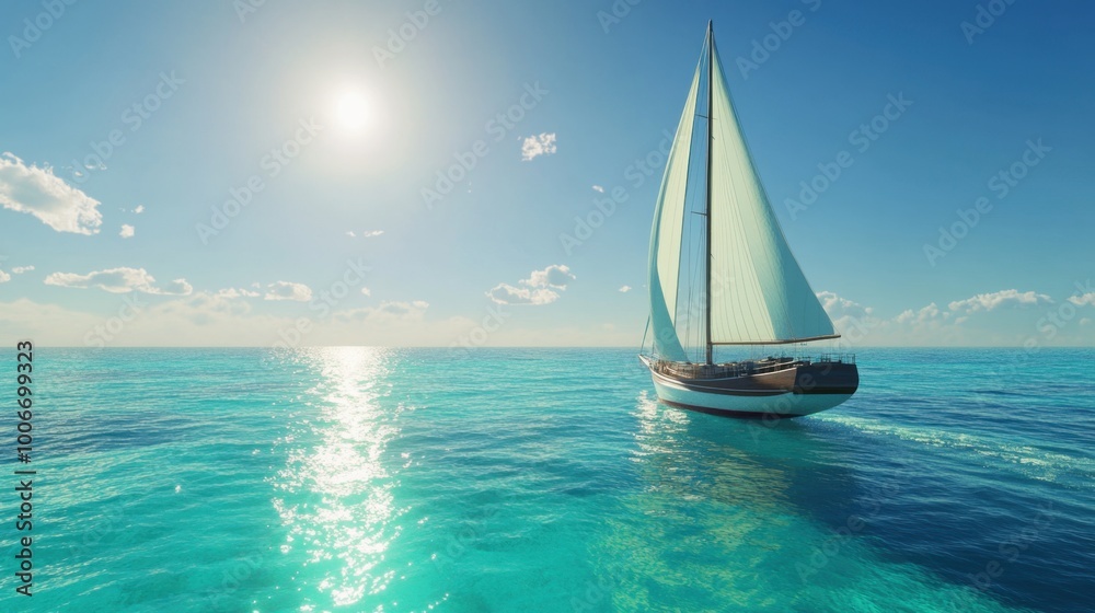 Sailing yacht gracefully moving over sparkling turquoise waters, its white sails catching the bright sunlight beneath a clear azure sky. Realistic, very detailed Sailing yacht gracefully moving over sparkling turquoise waters, its white sails catching the bright sunlight beneath a clear azure sky. Realistic, very detailed