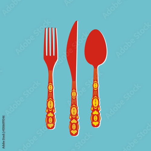 Illustration of a stylized cutlery set featuring a fork, knife, and spoon. The design is characterized by warm tones such as red and yellow with decorative details, set against a light blue background