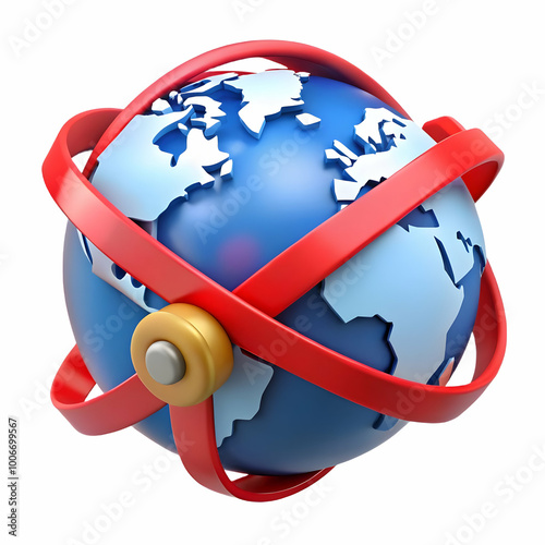 3D Globe Icon with Red Ribbon Paths - Vector Graphic Representing Global Unity, Rotating Camera Highlighting Connections Between Regions on White Background