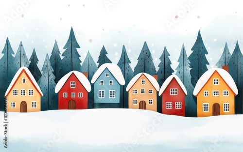 Charming winter village scene with colorful houses surrounded by evergreen trees and snow, perfect for seasonal decor or greeting cards.