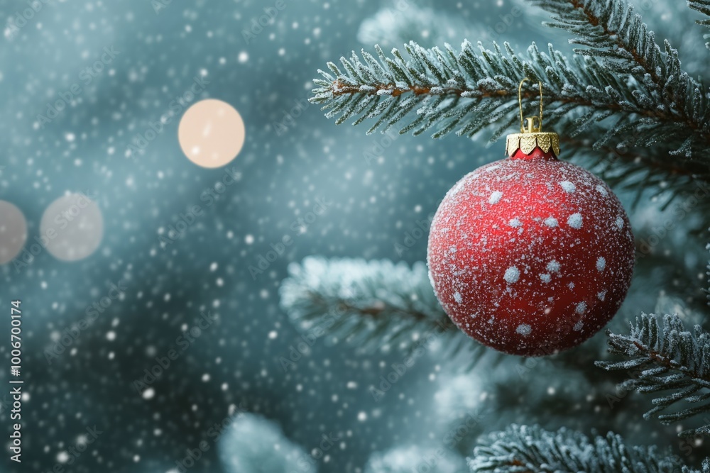 Red christmas bauble hanging from a spruce tree with lights in the background Red christmas bauble hanging from a spruce tree with lights in the background
