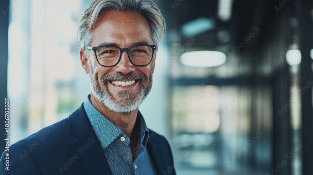 Confident Businessman Smiling in Modern Office Space Confident Businessman Smiling in Modern Office Space