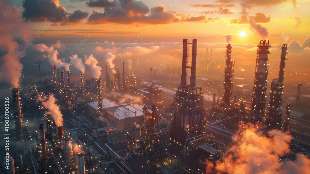 Fototapeta premium A city skyline with a large industrial area with many factories