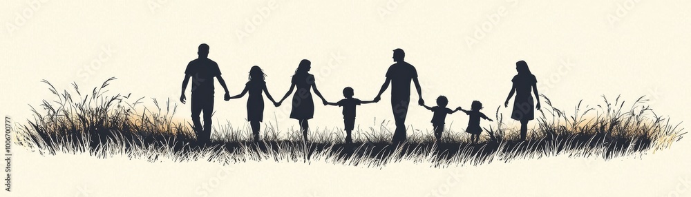 Silhouette of a diverse family holding hands in a field, symbolizing unity, love, and togetherness against a soft background. Silhouette of a diverse family holding hands in a field, symbolizing unity, love, and togetherness against a soft background.