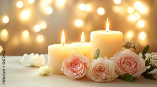 Burning candles with beautiful flowers on beige table against blurred lights. Divaly celebration