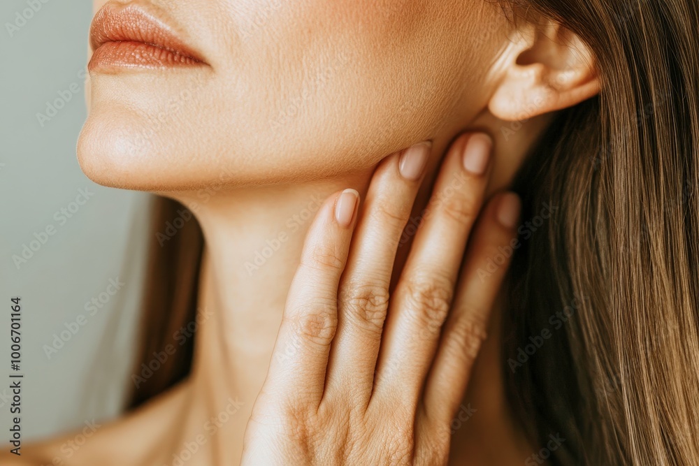 Serene Self-Care: A woman gently touches her neck, showcasing healthy skin and a peaceful expression. The image evokes feelings of tranquility and self-care. Serene Self-Care: A woman gently touches her neck, showcasing healthy skin and a peaceful expression. The image evokes feelings of tranquility and self-care.