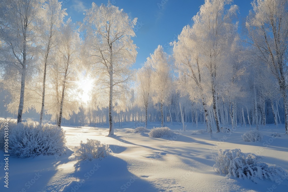 Obraz premium Sun shining through snow covered trees in forest