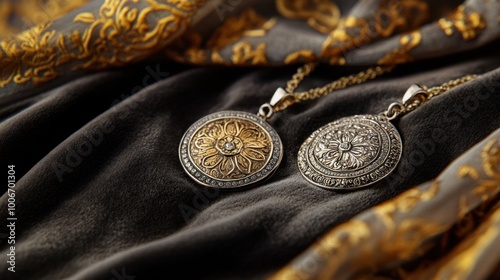 Silver and gold pendants intricately designed and resting on a soft velvet fabric, capturing their elegance and shine.