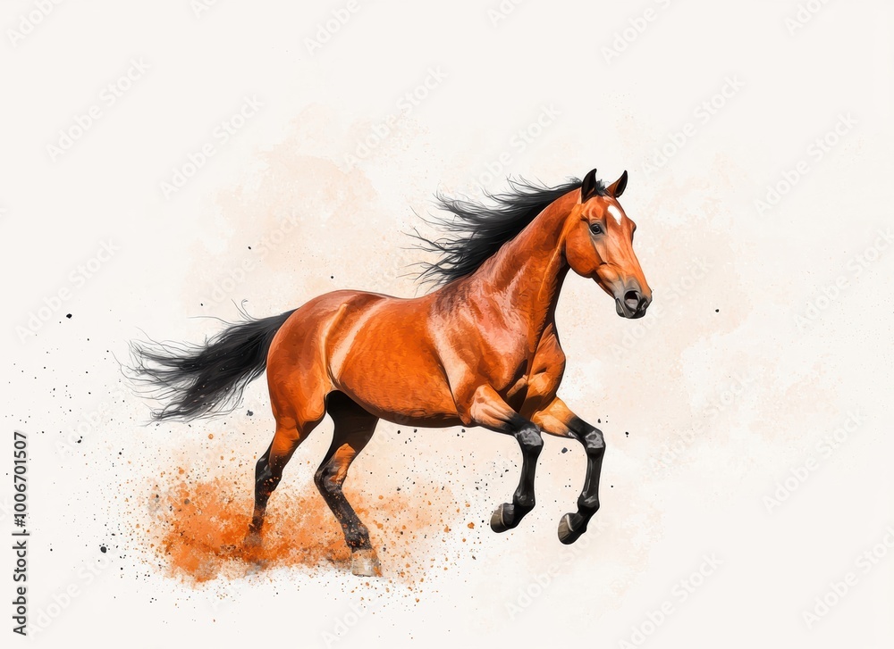 An energetic horse galloping gracefully, showcasing its strength and elegance against a soft, abstract background of warm colors. An energetic horse galloping gracefully, showcasing its strength and elegance against a soft, abstract background of warm colors.