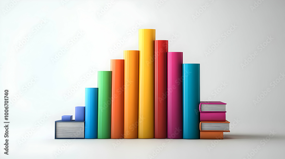 3D Floating Stack of Books Transforming into Bar Chart Icons on White Background - Symbolizing Knowledge and Business Growth 3D Floating Stack of Books Transforming into Bar Chart Icons on White Background - Symbolizing Knowledge and Business Growth