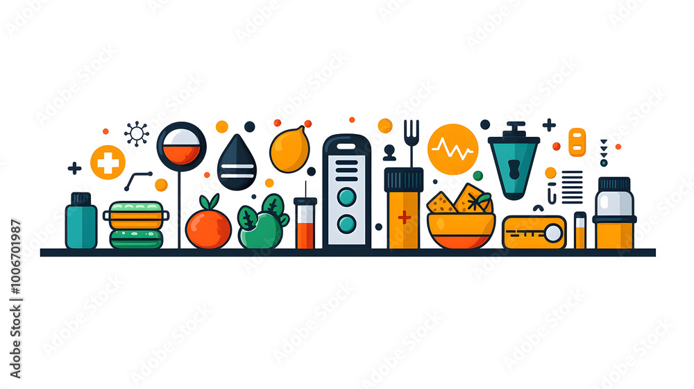 A colorful collection of healthy foods, beverages, and nutrition items displayed on a clean white background for wellness themes. A colorful collection of healthy foods, beverages, and nutrition items displayed on a clean white background for wellness themes.