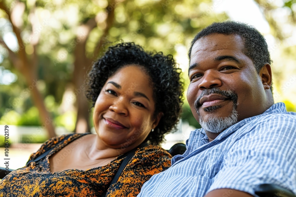 Loving Gaze: A portrait of an affectionate African American couple, sharing a tender moment outdoors.  Their smiles and connection radiate warmth and togetherness.