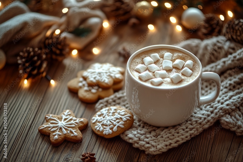 Steaming mug of hot chocolate warming on wooden table at christmas time Steaming mug of hot chocolate warming on wooden table at christmas time