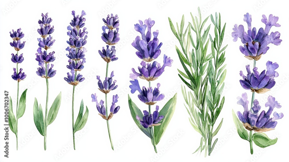 Fototapeta premium A beautiful illustration of various lavender flowers in purple hues, showcasing their delicate petals and vibrant greenery.