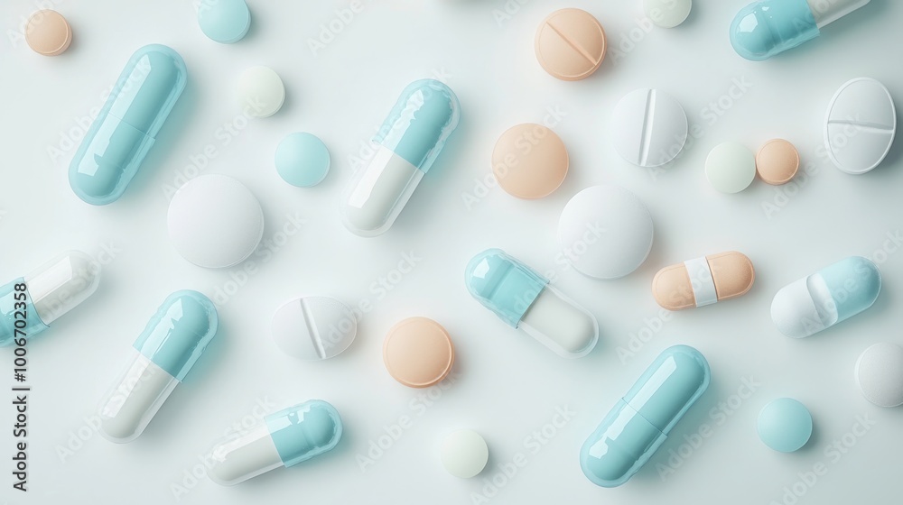 Falling blue white medicine pills capsules on white background Falling blue white medicine pills capsules on white background
