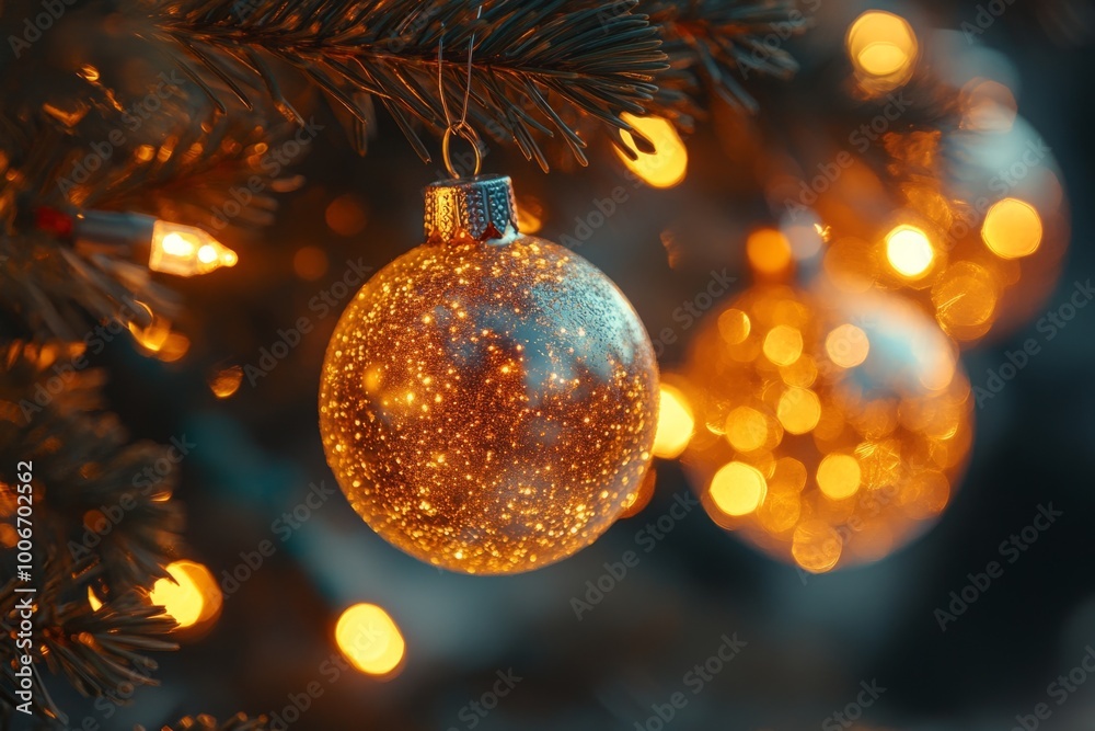 Golden christmas ornament hanging on a tree with lights Golden christmas ornament hanging on a tree with lights