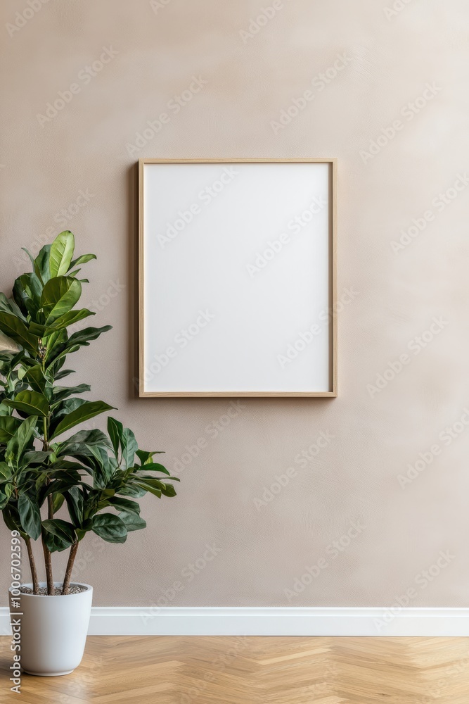 A minimalist interior featuring a blank frame on a textured wall alongside a vibrant potted plant, creating a serene and stylish atmosphere. A minimalist interior featuring a blank frame on a textured wall alongside a vibrant potted plant, creating a serene and stylish atmosphere.