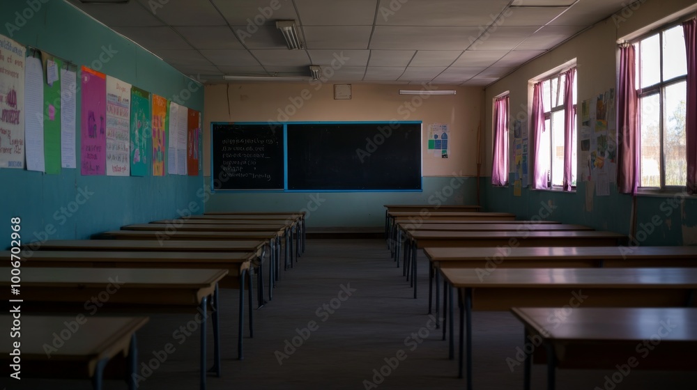 The classroom is empty and serene, featuring simple wooden desks arranged in rows, with colorful posters and a blackboard adding to the tranquil atmosphere as the day winds down The classroom is empty and serene, featuring simple wooden desks arranged in rows, with colorful posters and a blackboard adding to the tranquil atmosphere as the day winds down