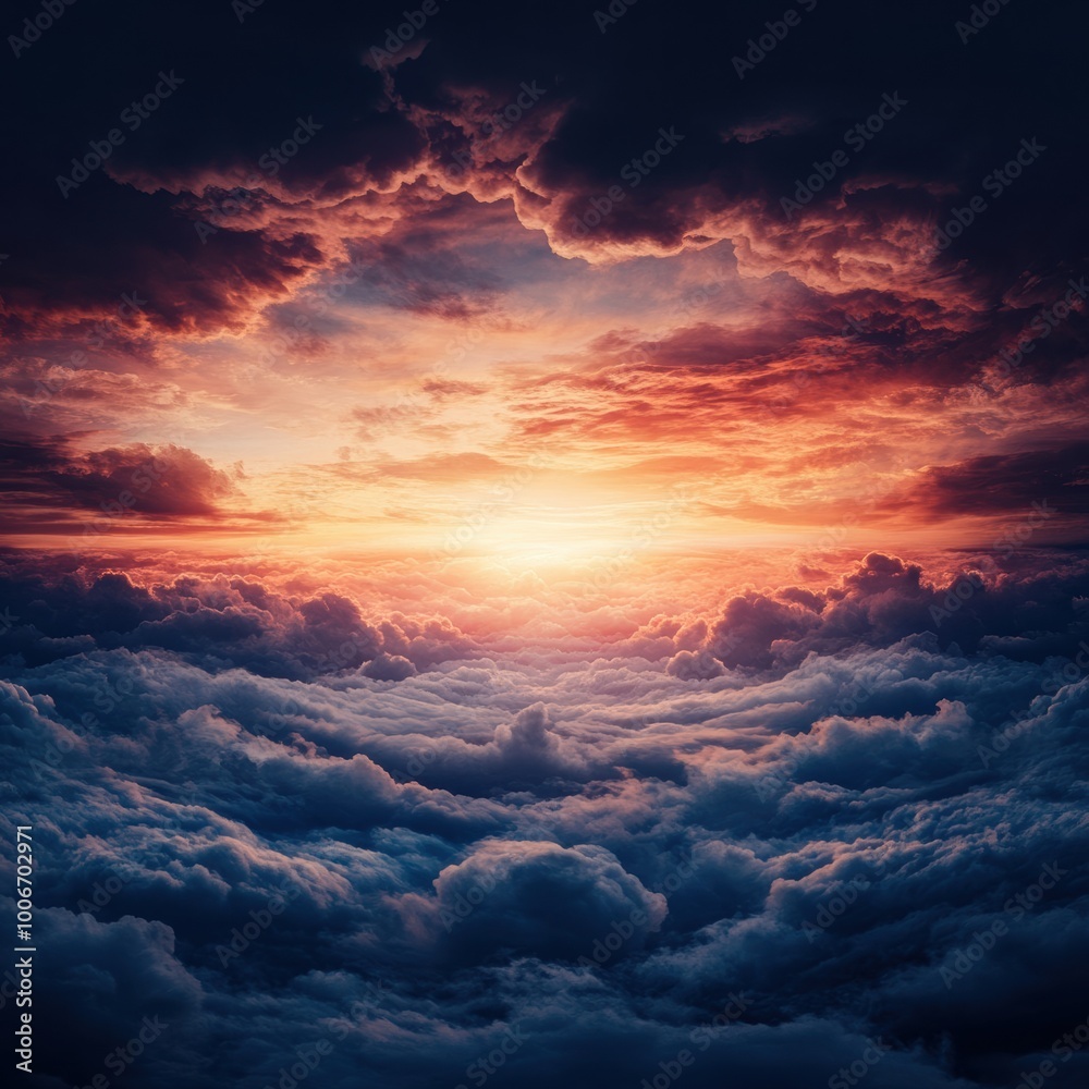 A breathtaking sunset view over a sea of clouds, showcasing vibrant colors of orange, pink, and purple, perfect for evoking a sense of tranquility. A breathtaking sunset view over a sea of clouds, showcasing vibrant colors of orange, pink, and purple, perfect for evoking a sense of tranquility.