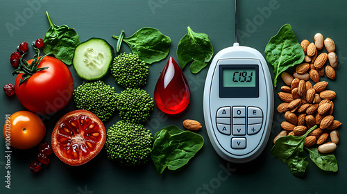 Colorful assortment of healthy foods and a blood glucose monitor, symbolizing diabetes management and nutrition. photo