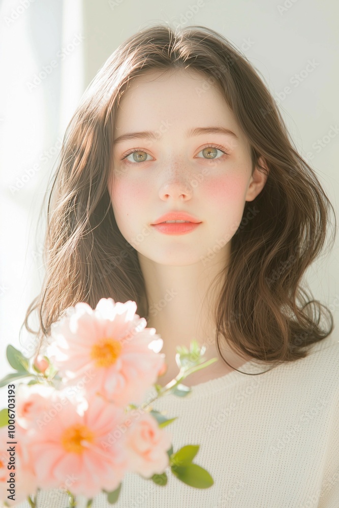 Fototapeta premium Soft Portrait of a Woman with Pink Flowers and Delicate Expression