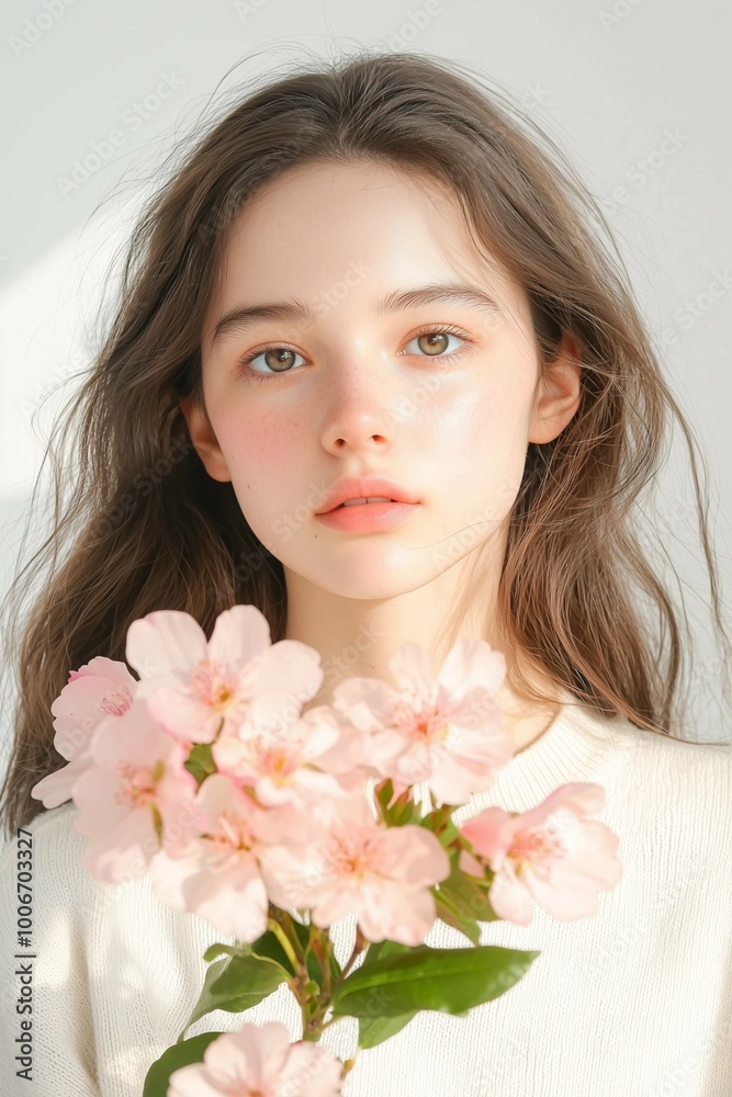 Soft Portrait of a Woman with Pink Flowers and Delicate Expression Soft Portrait of a Woman with Pink Flowers and Delicate Expression