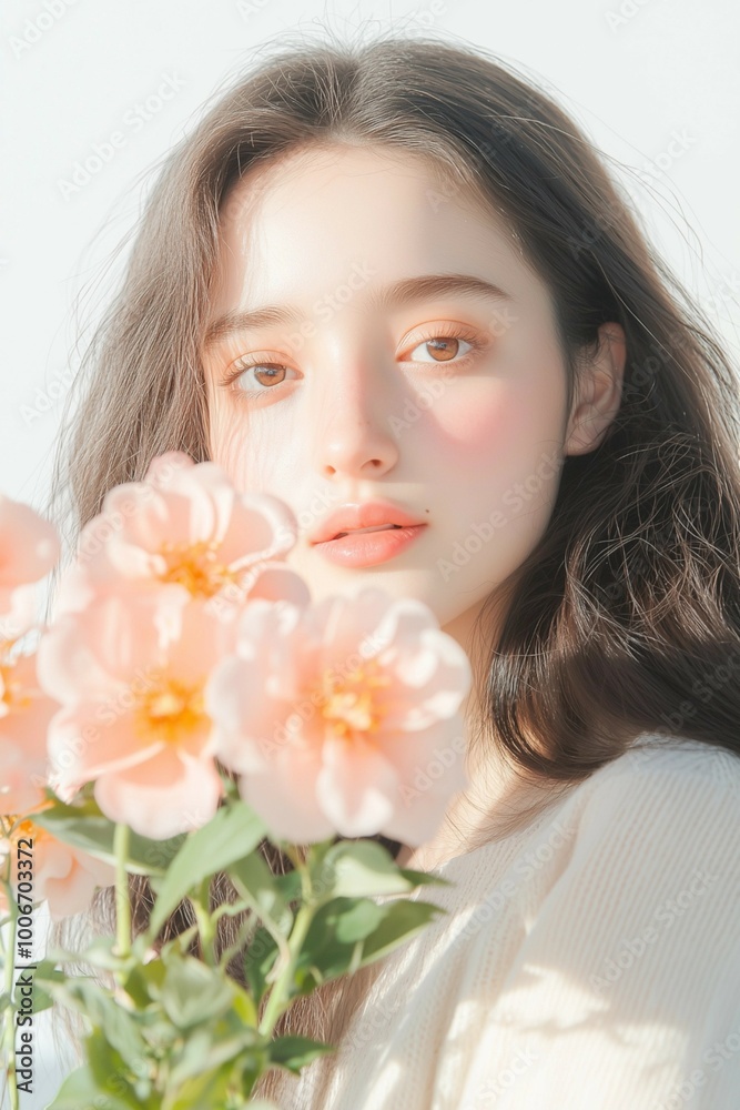 Soft Portrait of a Woman with Pink Flowers and Delicate Expression Soft Portrait of a Woman with Pink Flowers and Delicate Expression