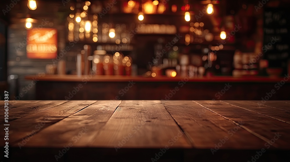 Wooden tabletop with a blurred bokeh coffee shop setting, perfect for showcasing products or creating a photomontage