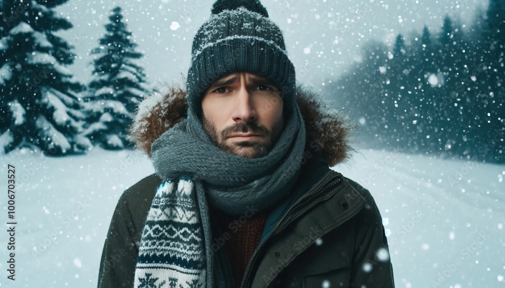 a young man who is very cold in winter clothes against the background of snow-covered trees a young man who is very cold in winter clothes against the background of snow-covered trees