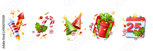 3D Christmas icon set, vector New Year firecracker, party paper cone hat, present box, calendar page. Winter holiday decoration object, traditional candy cane, surprise gift confetti. 3D Christmas kit
