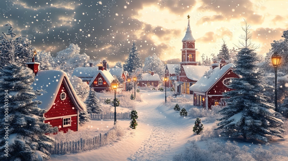 Fototapeta premium Vintage Christmas Village Covered in Snow, Winter Holiday Scene with Cozy Homes and Festive Lights - Perfect for Holiday Cards and Seasonal Illustrations