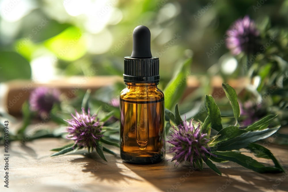 milk thistle oil in dropper bottle, wooden table with green leaves botanical medicine concept depicted milk thistle oil in dropper bottle, wooden table with green leaves botanical medicine concept depicted