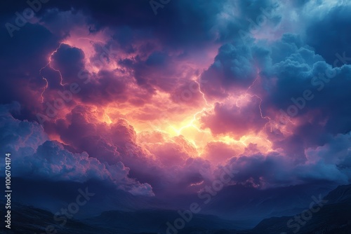 Dramatic twilight sky filled with dark clouds, vibrant lightning, and a stunning orange glow, creating a breathtaking natural scene.