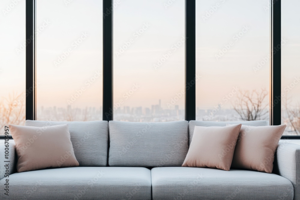 Fototapeta premium A modern living room featuring a cozy grey sofa with decorative pillows, large windows showcasing a beautiful city skyline at sunset.